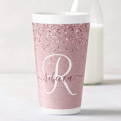 Blush Pink Brushed Metal Glitter Monogram Name Latte Mug