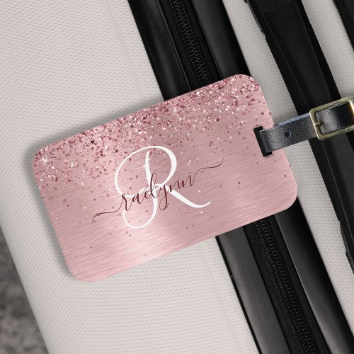 Blush Pink Brushed Metal Glitter Monogram Name Luggage Tag