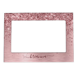 Blush Pink Brushed Metal Glitter Monogram Name Magnetic Frame