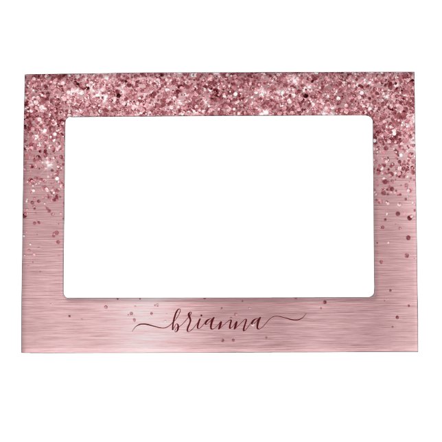 Blush Pink Brushed Metal Glitter Monogram Name Magnetic Frame (Front)