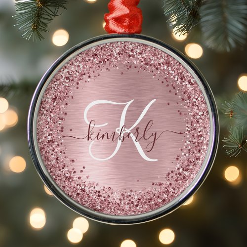 Blush Pink Brushed Metal Glitter Monogram Name Metal Ornament