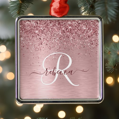 Blush Pink Brushed Metal Glitter Monogram Name Metal Ornament