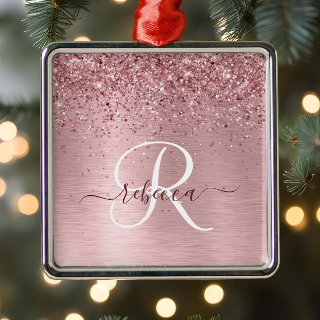 Blush Pink Brushed Metal Glitter Monogram Name Metal Ornament (Creator Uploaded)