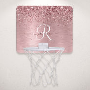 Blush Pink Brushed Metal Glitter Monogram Name Mini Basketball Hoop at Zazzle
