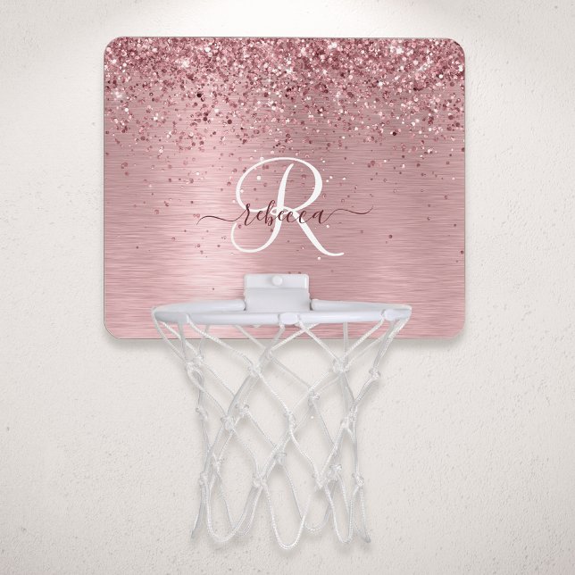 Blush Pink Brushed Metal Glitter Monogram Name Mini Basketball Hoop (Creator Uploaded)