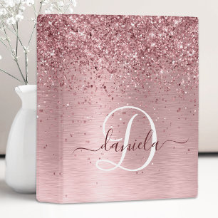 Blush Pink Brushed Metal Glitter Monogram Name Mini Binder