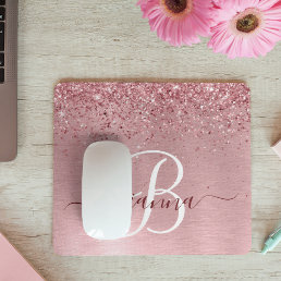 Blush Pink Brushed Metal Glitter Monogram Name Mouse Pad