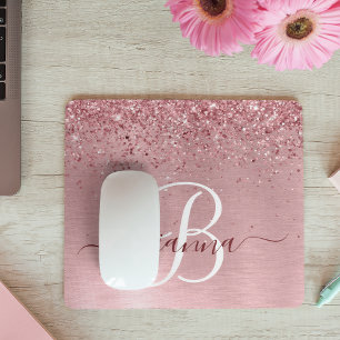 Blush Pink Brushed Metal Glitter Monogram Name Mouse Pad