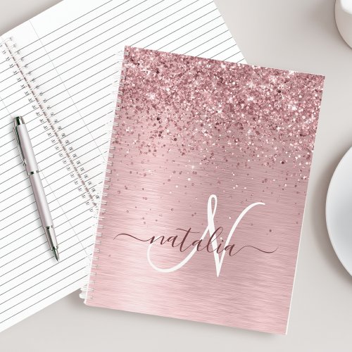 Blush Pink Brushed Metal Glitter Monogram Name Notebook
