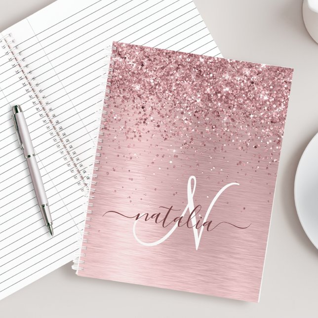 Blush Pink Brushed Metal Glitter Monogram Name Notebook (Creator Uploaded)