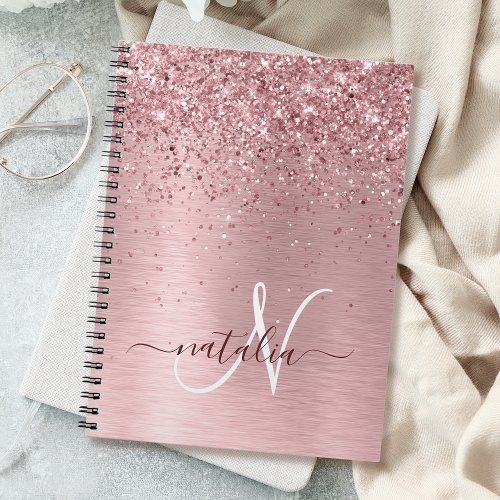 Blush Pink Brushed Metal Glitter Monogram Name Notebook