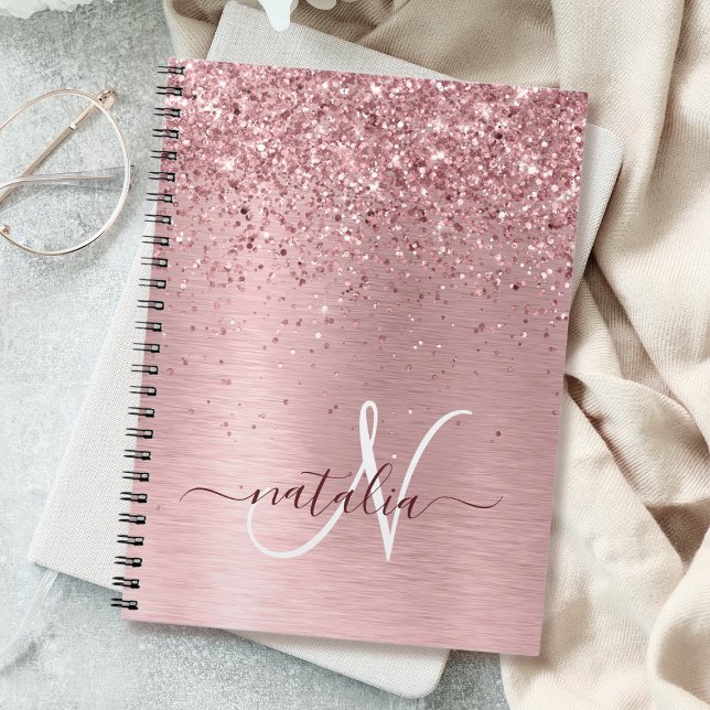 Blush Pink Brushed Metal Glitter Monogram Name Notebook (Creator Uploaded)