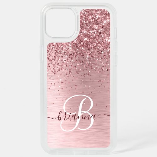 Blush Pink Brushed Metal Glitter Monogram Name iPhone 15 Plus Case