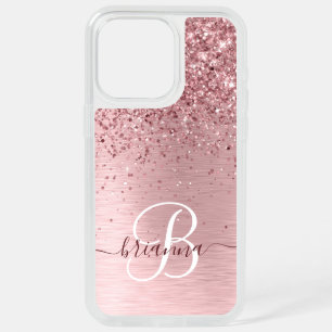Blush Pink Brushed Metal Glitter Monogram Name iPhone 15 Pro Max Case