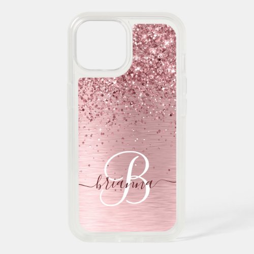 Blush Pink Brushed Metal Glitter Monogram Name iPhone 15 Case