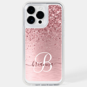 Blush Pink Brushed Metal Glitter Monogram Name OtterBox iPhone 14 Pro Max Case