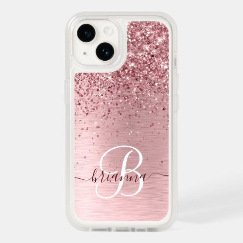Blush Pink Brushed Metal Glitter Monogram Name OtterBox iPhone 14 Case