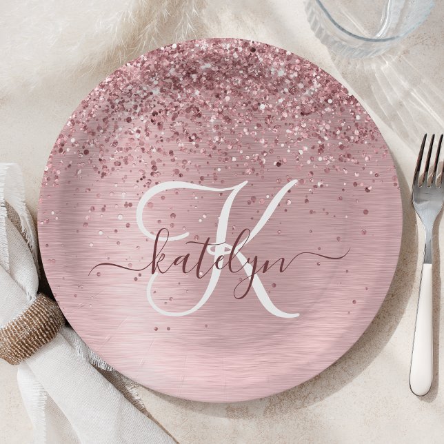 Blush Pink Brushed Metal Glitter Monogram Name Paper Plates (Creator Uploaded)