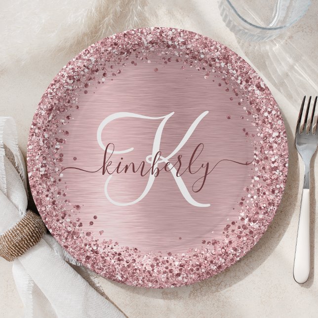 Blush Pink Brushed Metal Glitter Monogram Name Paper Plates (Creator Uploaded)