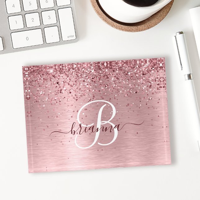 Blush Pink Brushed Metal Glitter Monogram Name Paperweight (Creator Uploaded)