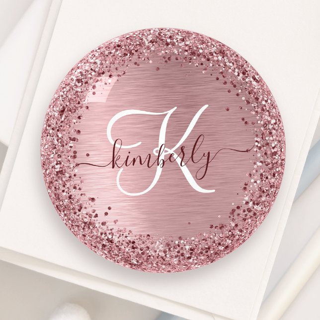 Blush Pink Brushed Metal Glitter Monogram Name Paperweight (Creator Uploaded)