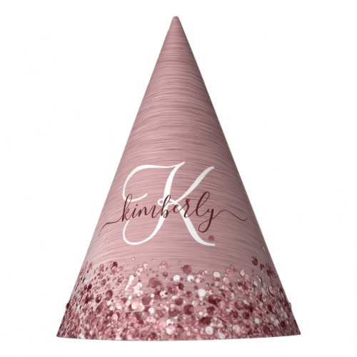 Blush Pink Brushed Metal Glitter Monogram Name Party Hat