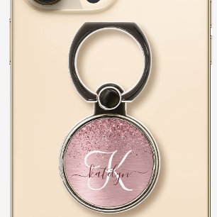 Blush Pink Brushed Metal Glitter Monogram Name Phone Ring Stand
