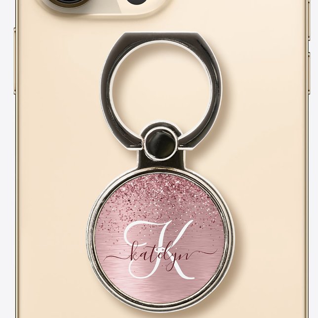 Blush Pink Brushed Metal Glitter Monogram Name Phone Ring Stand (Creator Uploaded)