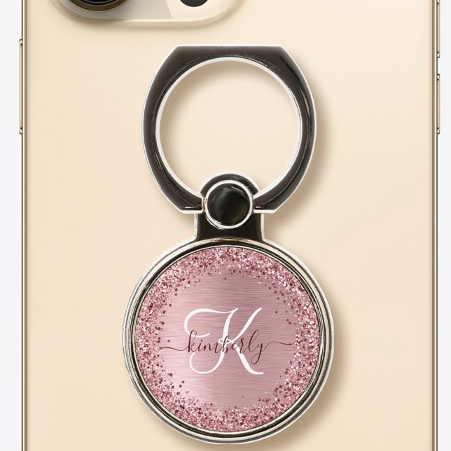 Blush Pink Brushed Metal Glitter Monogram Name Phone Ring Stand (Creator Uploaded)