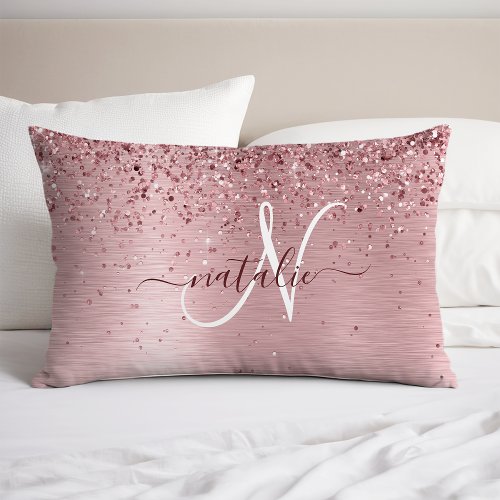 Blush Pink Brushed Metal Glitter Monogram Name Pillow Case