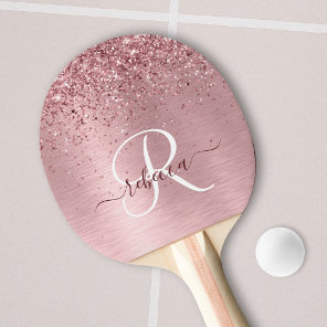 Blush Pink Brushed Metal Glitter Monogram Name Ping Pong Paddle