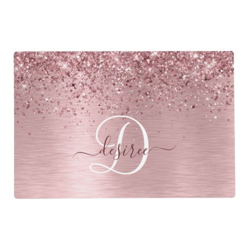 Blush Pink Brushed Metal Glitter Monogram Name Placemat