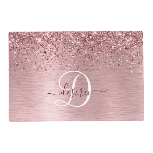 Blush Pink Brushed Metal Glitter Monogram Name Placemat (Front)