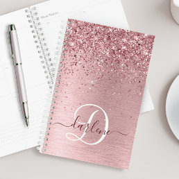 Blush Pink Brushed Metal Glitter Monogram Name Planner
