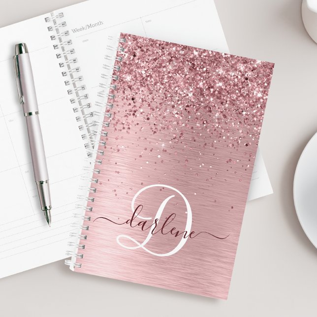 Blush Pink Brushed Metal Glitter Monogram Name Planner (Creator Uploaded)