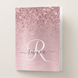 Blush Pink Brushed Metal Glitter Monogram Name Pocket Folder