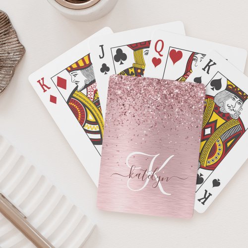 Blush Pink Brushed Metal Glitter Monogram Name Poker Cards