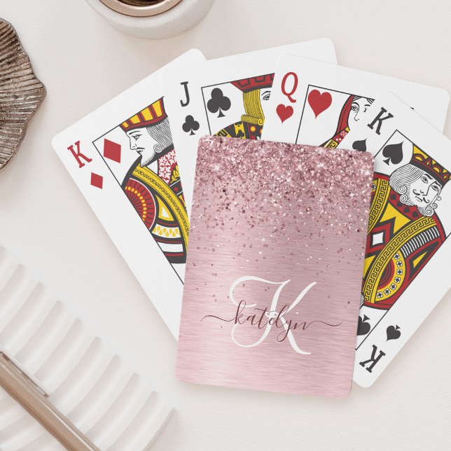Blush Pink Brushed Metal Glitter Monogram Name Poker Cards (Creator Uploaded)