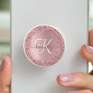 Blush Pink Brushed Metal Glitter Monogram Name PopSocket