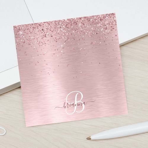Blush Pink Brushed Metal Glitter Monogram Name Post_it Notes