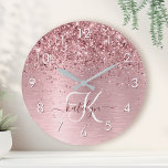 Blush Pink Brushed Metal Glitter Monogram Name Round Clock<br><div class="desc">Easily personalize this trendy chic round clock design featuring pretty blush pink sparkling glitter on a blush pink brushed metallic background.</div>