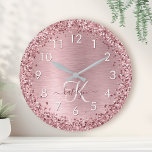 Blush Pink Brushed Metal Glitter Monogram Name Round Clock<br><div class="desc">Easily personalize this trendy chic wall clock design featuring pretty blush pink sparkling faux glitter on a blush pink brushed metallic background.</div>