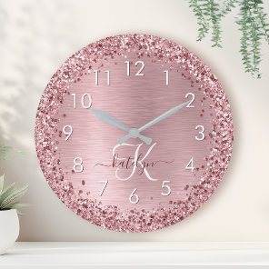 Blush Pink Brushed Metal Glitter Monogram Name Round Clock
