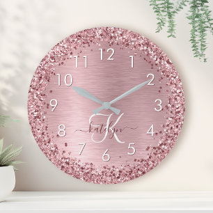 Blush Pink Brushed Metal Glitter Monogram Name Round Clock