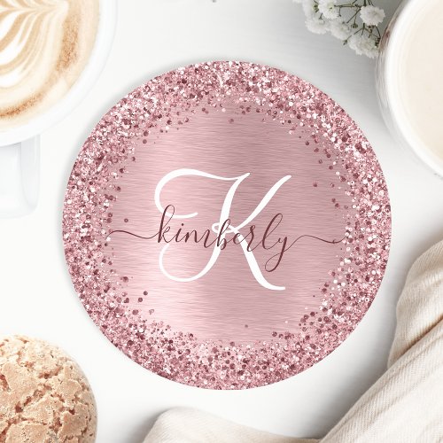 Blush Pink Brushed Metal Glitter Monogram Name Round Paper Coaster