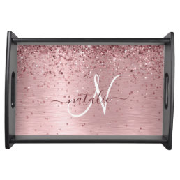 Blush Pink Brushed Metal Glitter Monogram Name Serving Tray