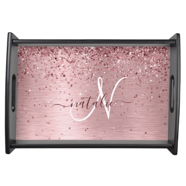 Blush Pink Brushed Metal Glitter Monogram Name Serving Tray (Front)