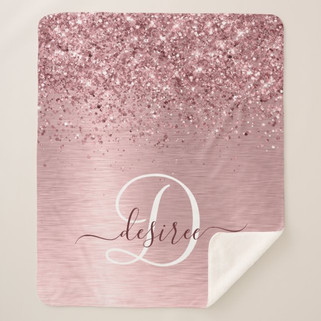 Blush Pink Brushed Metal Glitter Monogram Name Sherpa Blanket (Front)
