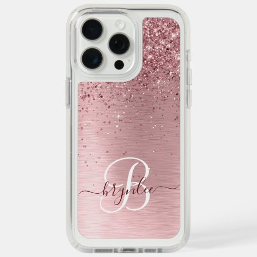 Blush Pink Brushed Metal Glitter Monogram Name iPhone 15 Pro Max Case