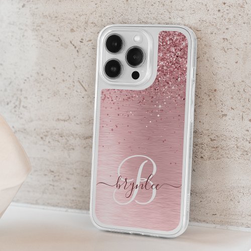 Blush Pink Brushed Metal Glitter Monogram Name iPhone 15 Pro Case